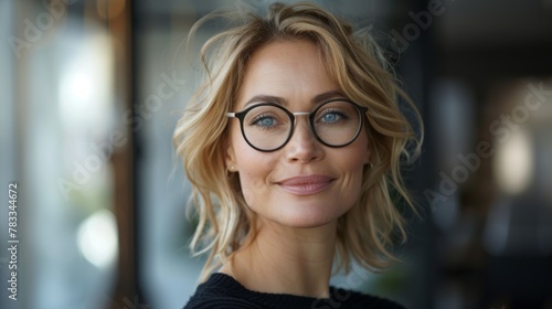 Pretty blonde with glasses smiling at camera in creative office
