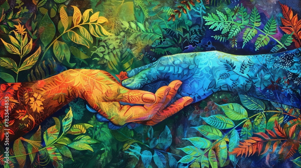 Vibrant colors of two hands reaching out to each other over a lush ...
