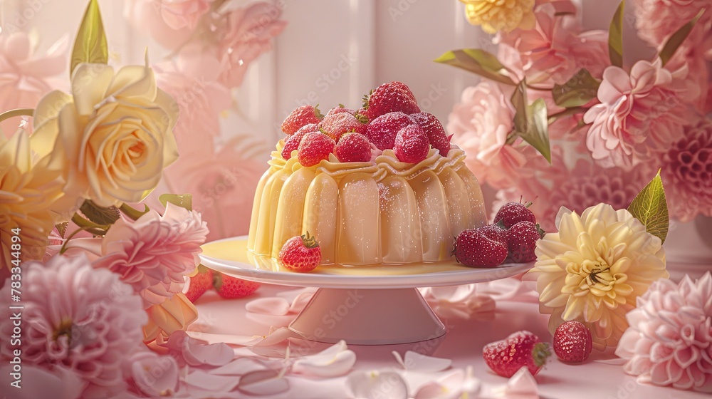 pudding dessert on white plate, pink and yellow flowers around pudding dessert on white plate, pink and yellow flowers around