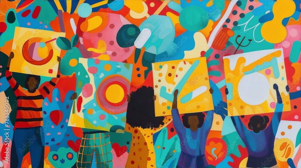 People holding colorful abstract signs in front of a graffitied wall in bright colors, conveying a sense of unity and diversity through a variety of artistic styles and techniques. People holding colorful abstract signs in front of a graffitied wall in bright colors, conveying a sense of unity and diversity through a variety of artistic styles and techniques.