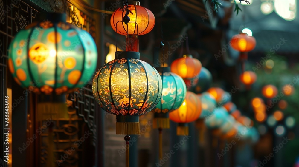 Obraz premium Lanterns architectual, colorful lanterns hanging on street, ornate chinese culture season decorating paper lantern