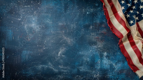 Blue grunge background with an old vintage American flag / Patriotism and Memorial Day concept / Blue and red colors / Grunge and vintage art style / Patriotism and history / American flag