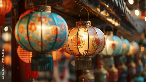 Lanterns architectual, colorful lanterns hanging from wooden frame, east asian culture souvenir chinatown paper lantern indigenous culture © antkevyv
