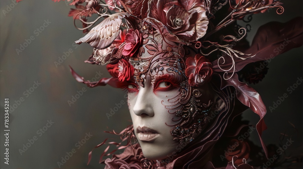 An ethereal woman adorned with a surreal headdress of flowers and vines, rendered in intricate detail with a mix of realism and fantasy elements.