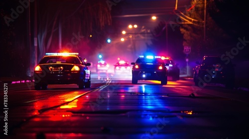 Police cars with flashing red and blue lights race through the dark, wet city streets at night,????????????