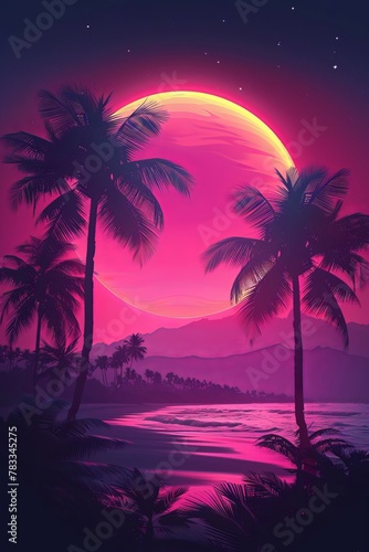 Illustration of a tropical background with sunset or dawn in neon light in retro style. Palm trees and the sun © CaptainMCity