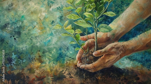 ????????The hands of a farmer lovingly cradle a young sapling, representing growth, hope, and a sustainable future.???????? photo