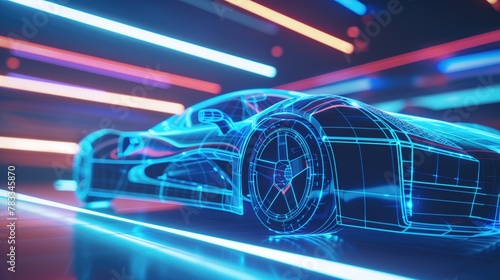 3D Graphics Visualization Virtual Model of a Vehicle is Tested in Digital Wind Tunnel. Concept of modern technology, AI, machine learning