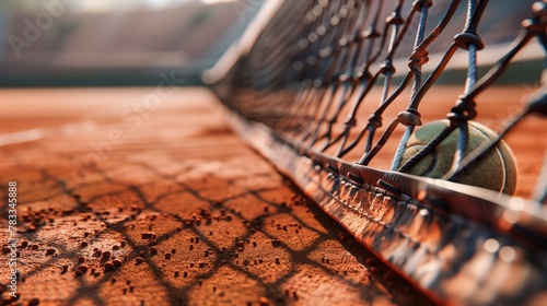 a tennis racquet and ball on a clay court, racquet leaning against the net, ball nearby.  Concept of sport, healthy lifestyle, physical activity