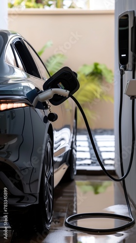 a modern electric car being charged in a stylish garage.