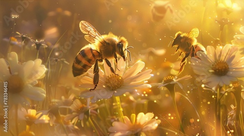 Two honey bees collecting nectar from white daisies in a meadow at sunrise, hyper-realistic, digital art, nature, wildlife, bright, vivid colors © sidatallah