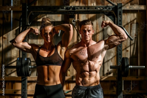 A commercial sport photography couple flexing their muscles while working out in a gym, emphasizing health and wellness