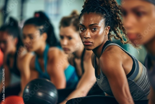 Diverse group of women wearing workout clothes and using gym equipment during a fitness class photo