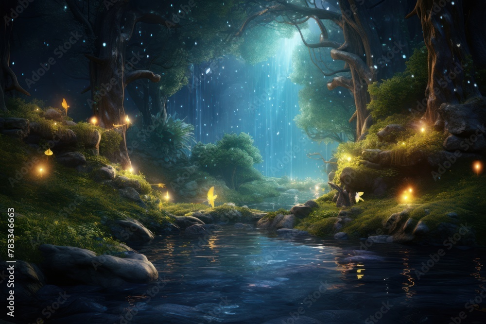Nightfall in a fairytale forest: a peaceful stream flows amidst trees, illuminated by ethereal lights, evoking a sense of magic.