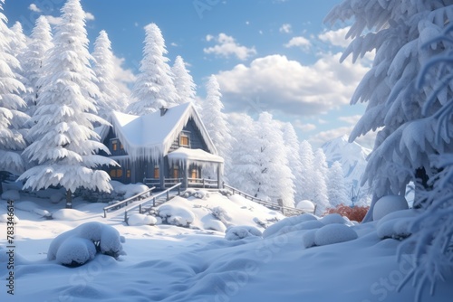 A snowy day's charm-a fairy-tale house stands surrounded by snow-laden trees in a winter wonderland.