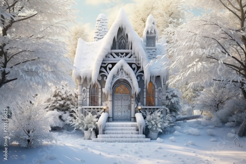 Daytime charm in a winter scene-snow blankets the landscape, embracing a fairy-tale house among snowy trees.