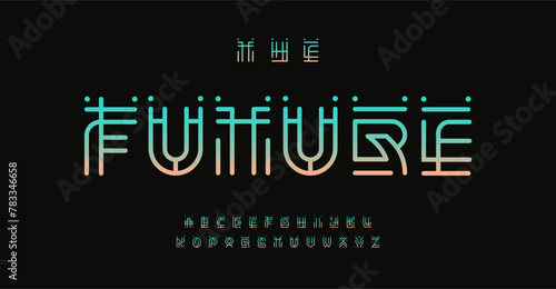 Futuristic abstract alphabet, techno hieroglyph aesthetic font, linear geometric letters for cyber digital branding, linear geometry typeset, creative contemporary typographic design. Vector typeset