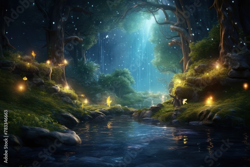 Nightfall in a fairytale forest: a peaceful stream flows amidst trees, illuminated by ethereal lights, evoking a sense of magic.