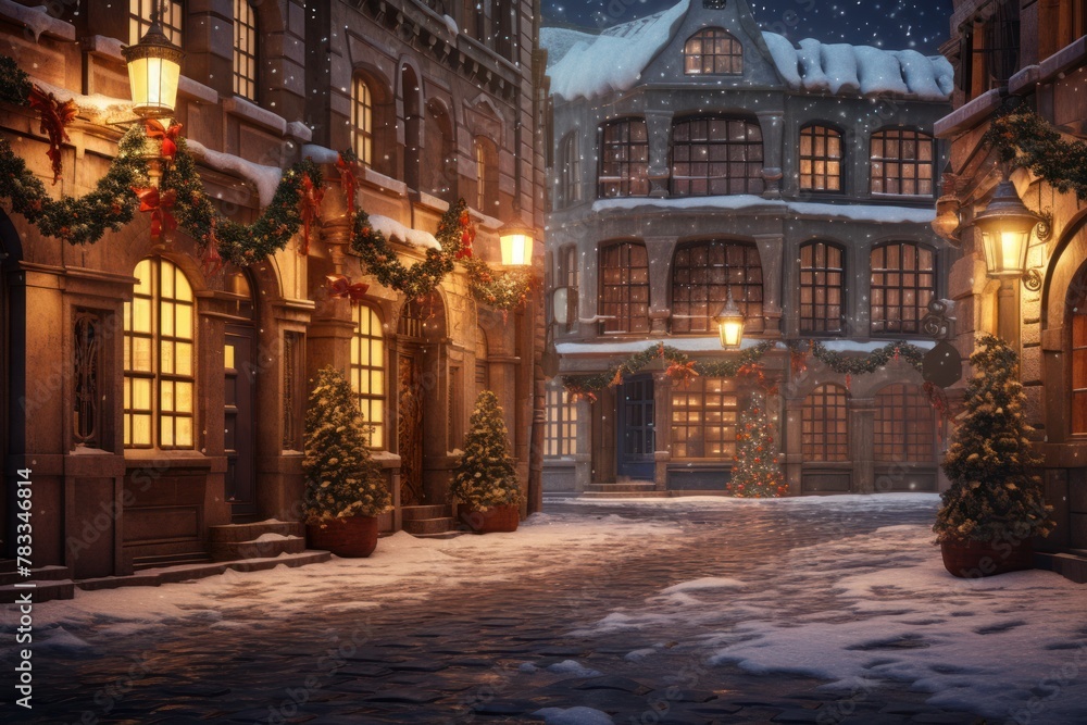 Snowy night in a holiday-decked town, featuring charming Christmas trees and festive lights.