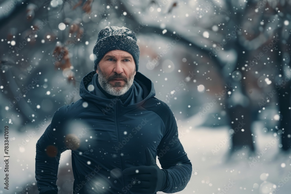 Middle-aged man with beard runs in the snow on a cold day, exercising outdoors Middle-aged man with beard runs in the snow on a cold day, exercising outdoors