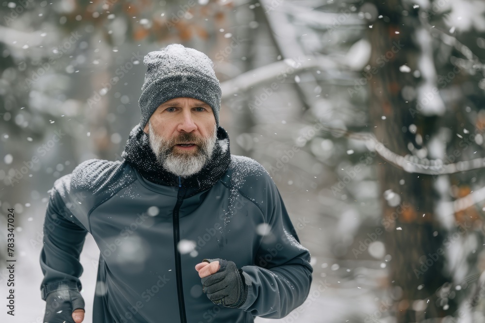 A bearded middle-aged man wearing a gray jacket and hat, running and exercising outdoors in extremely cold and snowy weather A bearded middle-aged man wearing a gray jacket and hat, running and exercising outdoors in extremely cold and snowy weather