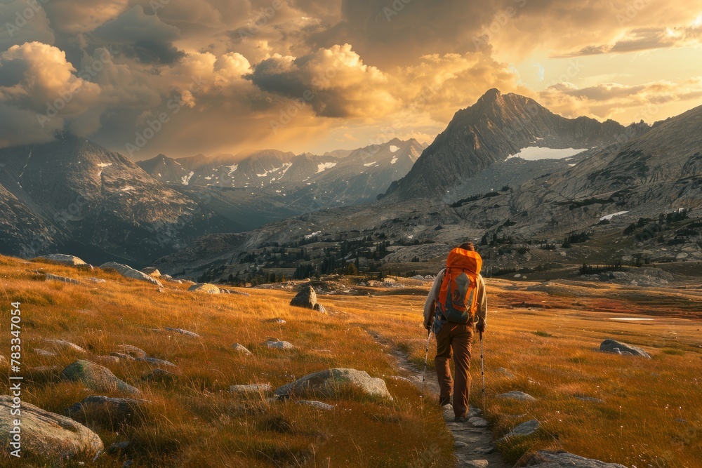 A man with a backpack is hiking up a trail in the mountains, surrounded by nature