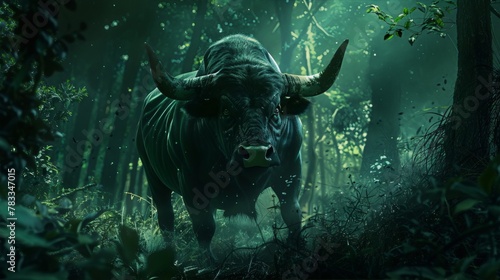 A dark and mysterious bull charges through a dense forest, its horns glinting in the dappled sunlight.