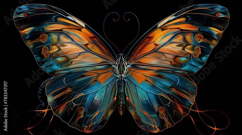 Blue orange butterfly with dark background, digital art, trending on ArtStation