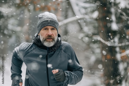 A bearded middle-aged man wearing a gray jacket and hat, running and exercising outdoors in extremely cold and snowy weather © Elmira