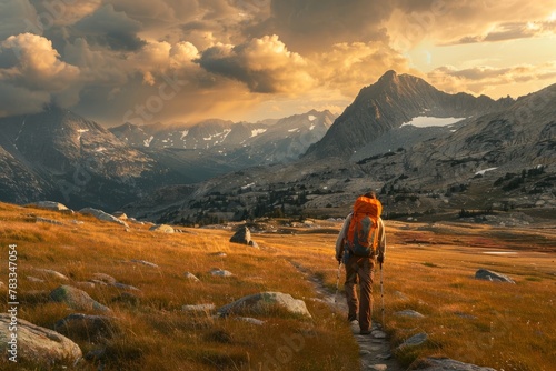A man with a backpack is hiking up a trail in the mountains, surrounded by nature