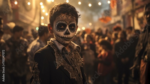 Mardi Gras becomes a nightmare with a man wearing terrifying sugar skull face paint, evoking fear and dark fantasy. photo