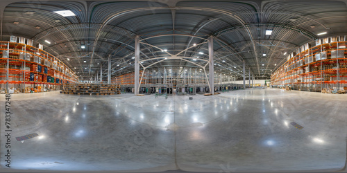 360 degree panorama inside logistics warehouse. Full equirectangular projection for virtual reality or VR.