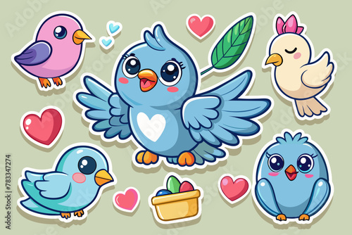Set of stickers with cute dove cubs  funny icons  all doves individually  vector
