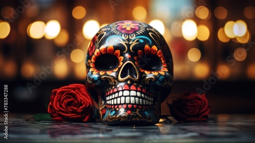 A captivating display of a Mardi Gras sugar skull, adorned with flowers and candles, capturing the spirit of the holiday. photo