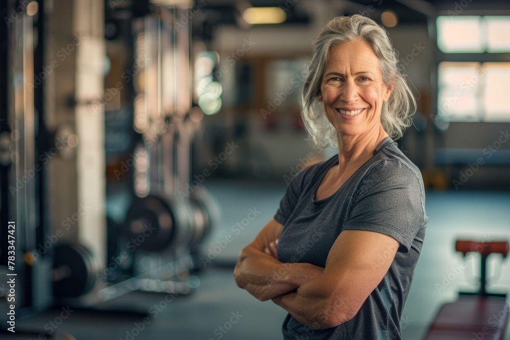 A senior woman standing confidently in a gym with her arms crossed, showcasing determination and strength A senior woman standing confidently in a gym with her arms crossed, showcasing determination and strength