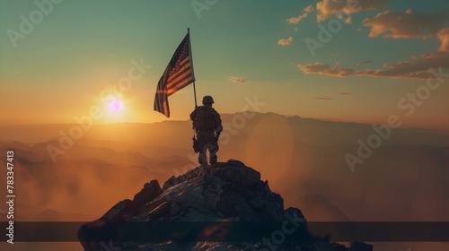 atop the mount a soldier plants the stars and stripes at sunset in a painterly style photo