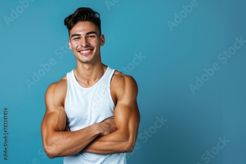 An athletic man with his arms crossed confidently posing for a picture in sports uniform, isolated on a blue background