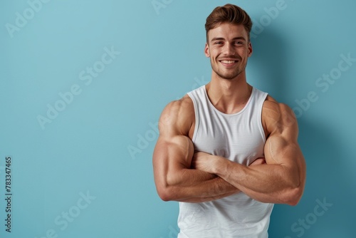 Smiling young man with athletic build posing confidently for a picture while crossing his arms. Isolated on a blue background
