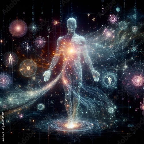 A man standing in the middle of a galaxy with many stars, astral travel, astral appearance, cosmic energy wires, consciousness projection