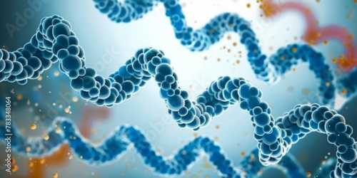 Protein strands on light white and cyan gradient background, emphasizing themes of genetic research and biotechnology.