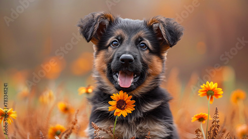 german shepard puppy with a flower photo