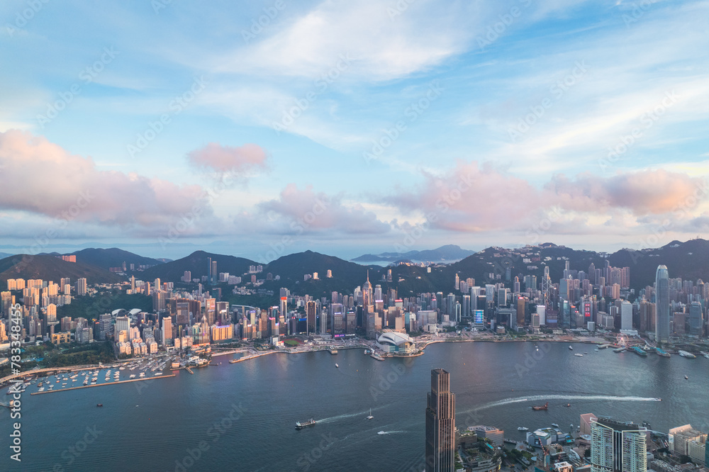 Obraz premium City landscape of the famous travel landmark, aerial view of Hong Kong, Victoria Harbour