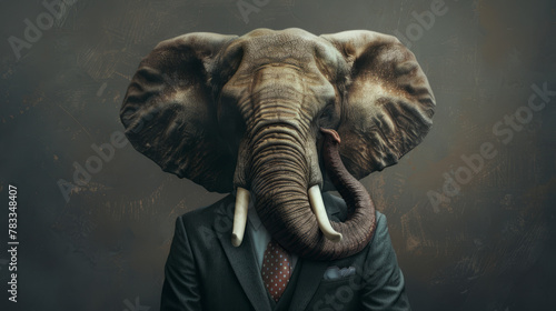 Elephant in a well-fitted suit with a striking trunk-themed tie, striking a pose that combines power and charm in a captivating anthropomorphic portrait.