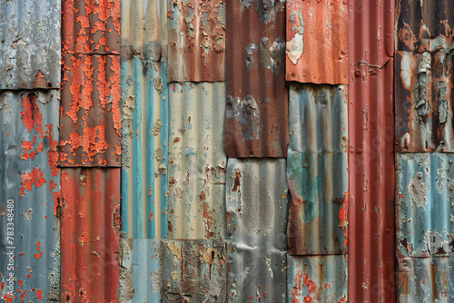 Weathered red and grey metal corrugated wall texture. Vintage industrial background for design and architecture.