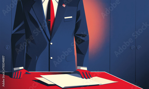 An illustration of a male politician who signed the document. The President or congressman or other representative of the government in his office during work photo