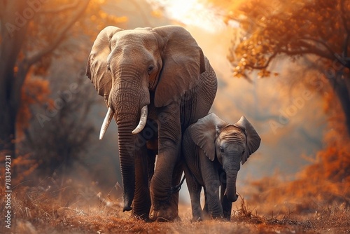 African elephant with her baby in the bush at sunset, Kruger National Park, South Africa. Elephant in the wild