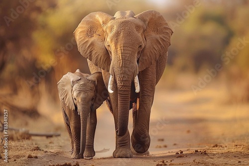 African elephant, Loxodonta africana, mother and baby walking together