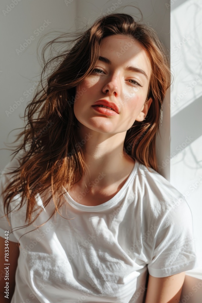 Naklejka premium A natural-light shot capturing the subtle beauty and contemplative expression of a woman in a white tee