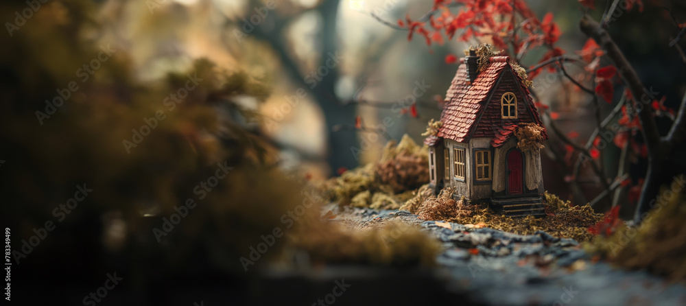Fototapeta premium A magical miniature house surrounded by autumnal foliage, creating a whimsical fairytale ambiance with copy space