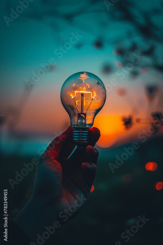 A conceptual image capturing a lit light bulb against a vibrant, orange sunset, symbolizing ideas, innovation, and inspiration